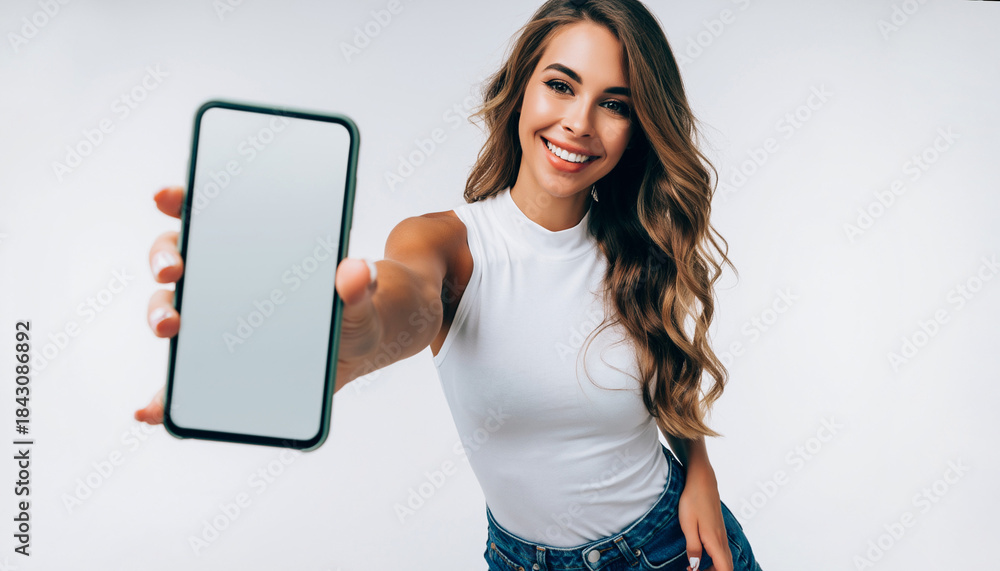 custom made wallpaper toronto digitalYoung woman holds smartphone displaying a blank screen, inviting engagement