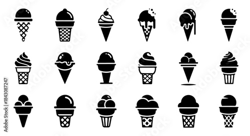 Solid Ice Cream Cone Silhouette Vector Set with Single Scoop, Thick Bold Black and White Minimal Icons V2