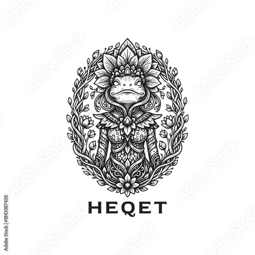 Ancient Egyptian goddess Heqet illustration with frog head and ornate floral crown in vintage woodcut engraving style