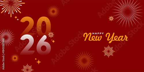 2026 Happy new year celebration greeting card, sparkler font and firework isolated background