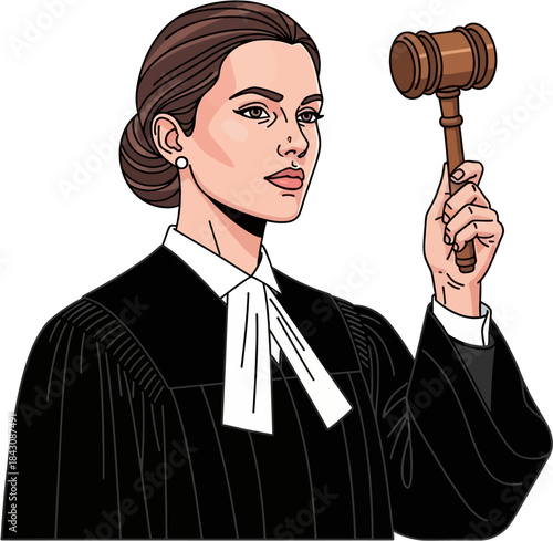 Female Judge Vector Illustration, Professional Law Court Authority With Gavel For Justice And Legal System