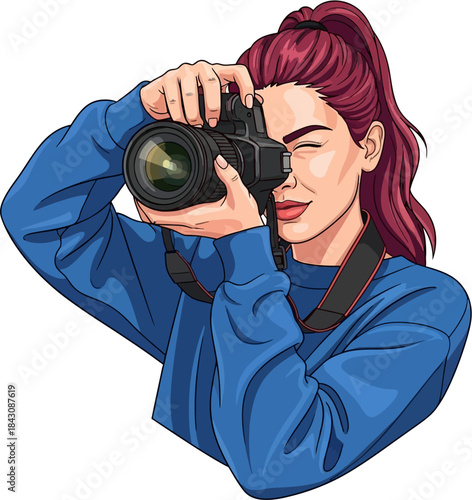 Female Photographer Vector Illustration, Creative Visual Artist Using Camera For Photography And Media Work