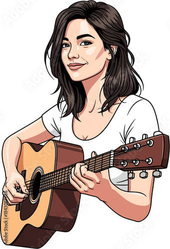 Female Musician Vector Illustration, Creative Guitar Player Performing Acoustic Music For Art And Entertainment