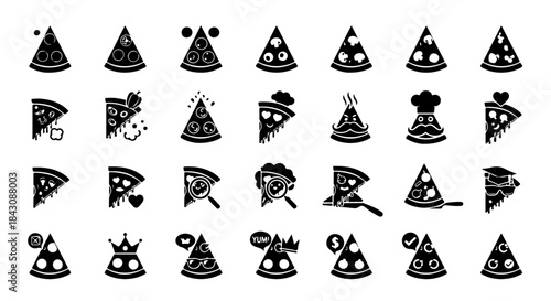 Black and White Pizza Slice Icon Set with Perfect Triangular Shape for Menu and Fast-Food Branding