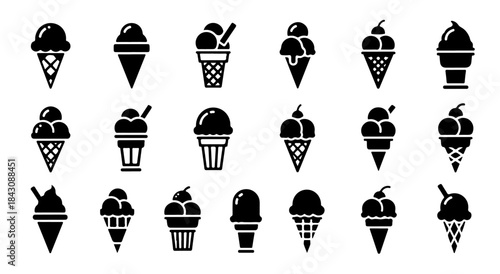 Solid Ice Cream Cone Silhouette Vector Set with Single Scoop, Thick Bold Black and White Minimal Icons V3