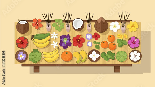 This flat design vector illustration displays a vibrant array of traditional offerings, such as fruits, flowers, and coconuts, prepared for Thaipusam