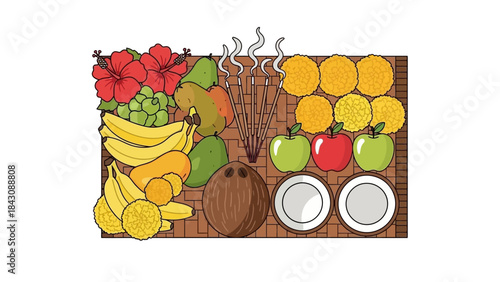 This flat design vector illustration displays a vibrant array of traditional offerings, such as fruits, flowers, and coconuts, prepared for Thaipusam