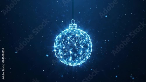 Christmas tree decorations ball. Technology blue background. Happy New Year concept. Xmas glass globe toy with polygons. Low Poly wireframe 4k  video Tech web banner and presentation bg