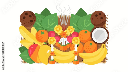 This flat design vector illustration displays a vibrant array of traditional offerings, such as fruits, flowers, and coconuts, prepared for Thaipusam