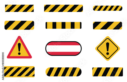 warning tapes and hazard signs, including yellow and black striped barriers, perfect for construction sites, safety alerts, and restricted area notices