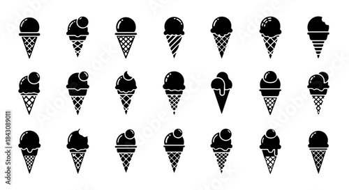 Waffle Cone with Rounded Scoop Vector Set, Flat Minimal Black Icons