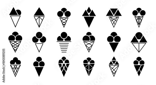 Geometric Ice Cream Cone Silhouette Set with Straight Triangle Lines for Modern Dessert Branding