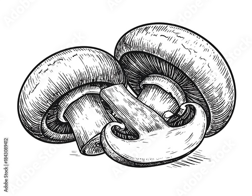 Two mushrooms drawn in a detailed vintage style