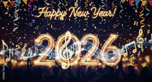 Happy new year 2026 with musical notes 