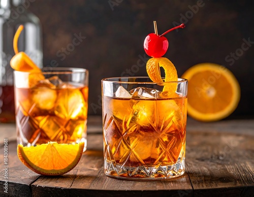 Two Old Fashioned Cocktails on a Wooden Table