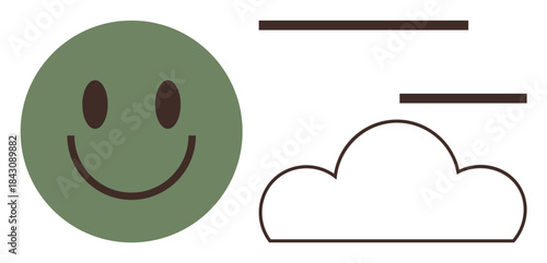 Green smiling face and outlined cloud with horizontal abstract lines. Ideal for happiness, positivity, calm, nature, clarity, relaxation, light. Simple flat metaphor