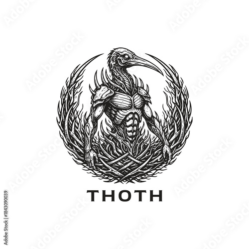 Ancient Egyptian god Thoth illustration with ibis head and muscular warrior body in a dark woodcut engraving style