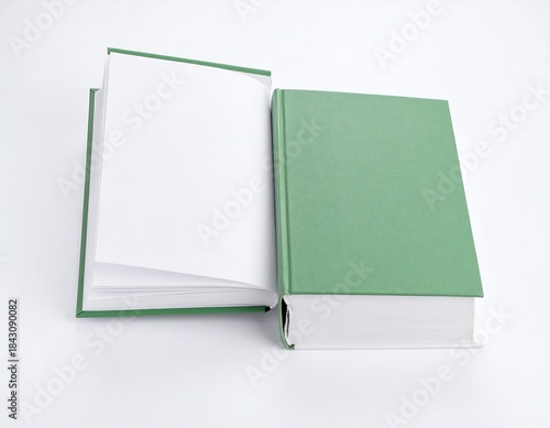 Two open green books on white background