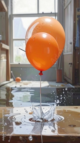 Two orange balloons floating above a puddle
