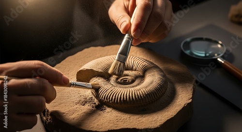 Delicate brushing to reveal an ancient ammonite fossil during excavation