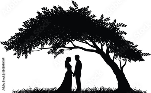 Romantic couple silhouette under tree, man and woman holding hands, love relationship scene, nature background, wedding or engagement concept, vector illustration