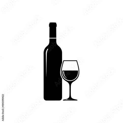 Wine bottle and glass icon. Simple black silhouette vector illustration of an alcoholic beverage. Perfect for menus, bars, and celebrations.