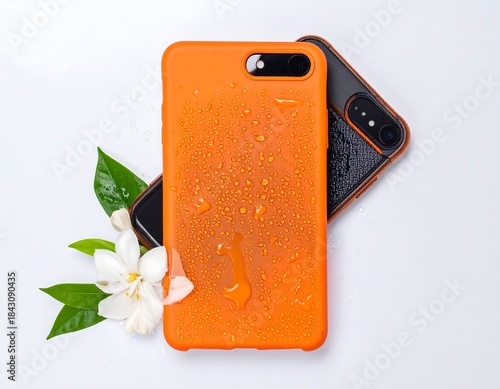 Two orange protective phone cases, water droplets, white flower