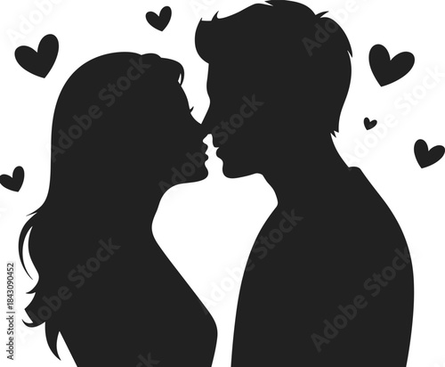 Romantic couple silhouette, black vector illustration, love and affection theme, heart shapes design, intimate moment art, minimalistic relationship concept