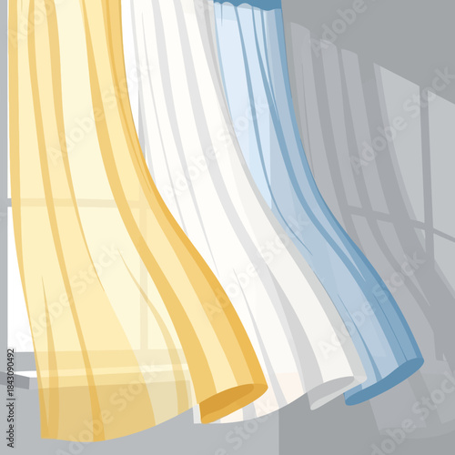 Sheer curtains fluttering in the breeze through a window with sunlight