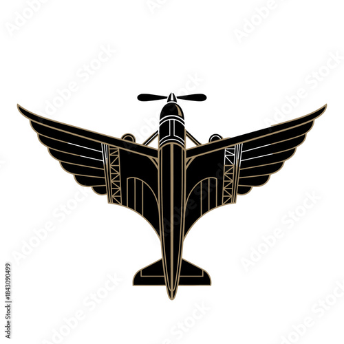 Art Deco Stylized Airplane Emblem with Gold Accents on Black - Vintage Aviation Graphic