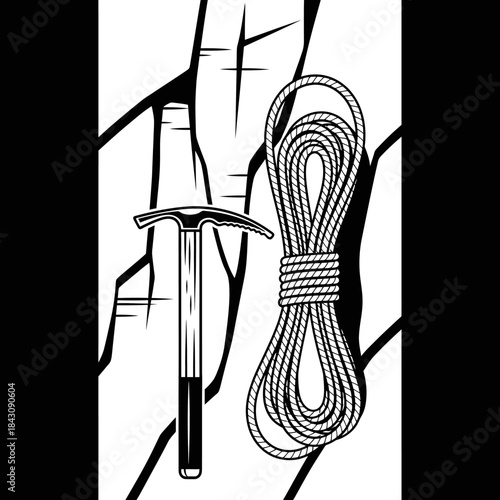 Ice Climbing Gear Illustration: Axe and Coiled Rope on Mountain Wall