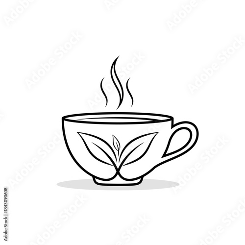 Minimalist line art teacup with steam and tea leaf design. Simple black and white vector graphic for hot beverages.