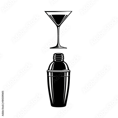 Classic cocktail tools: shaker and martini glass vector illustration