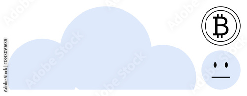 Cloud storage, financial technology, blockchain, digital security, minimal design, emotions. A cloud, Bitcoin symbol and neutral face. Cloud storage and financial technology concepts