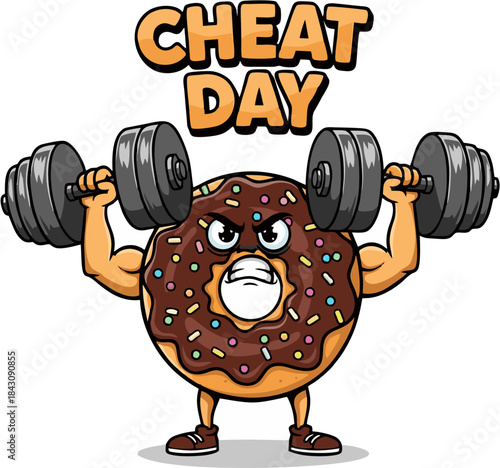 Funny Donut Character Lifting Weights Cheat Day Vector
