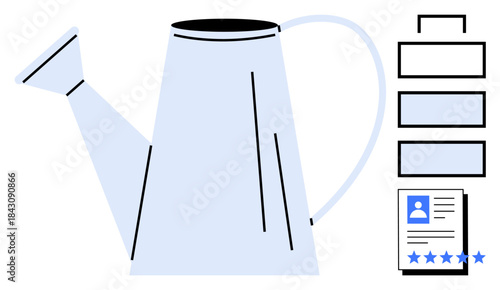 Watering can and ranking system with user profile icon representing growth, evaluation, customer feedback, nurturing, personal development, business performance, and productivity. Ideal for project
