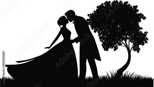 Romantic couple silhouette, elegant black vector illustration, outdoor love scene, tree and grass design, timeless embrace moment, formal attire, nature romance concept