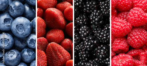 Collage of different fresh berries. Strawberries, blueberries, raspberries and blackberries