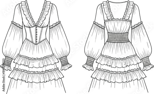 Romantic Goth Fashion Dress Technical Drawing Ruffled Skirt Deep V-neck Corset Waist and Voluminous Long Balloon Sleeves CAD Vector Illustration