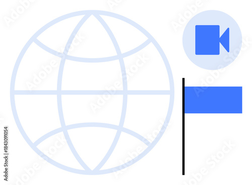 Global connectivity, virtual communication, video conferencing, online meetings, digital interaction, international . ion of a globe, video icon and flag symbol. Virtual communication and global