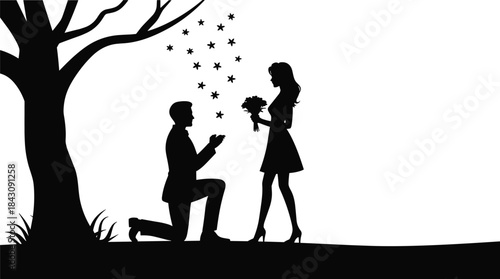 Romantic proposal silhouette, man kneeling with ring, woman holding bouquet, under tree with stars, love moment, vector illustration for stock