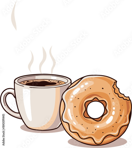Hot Coffee Cup and Glazed Donut Breakfast Concept Vector