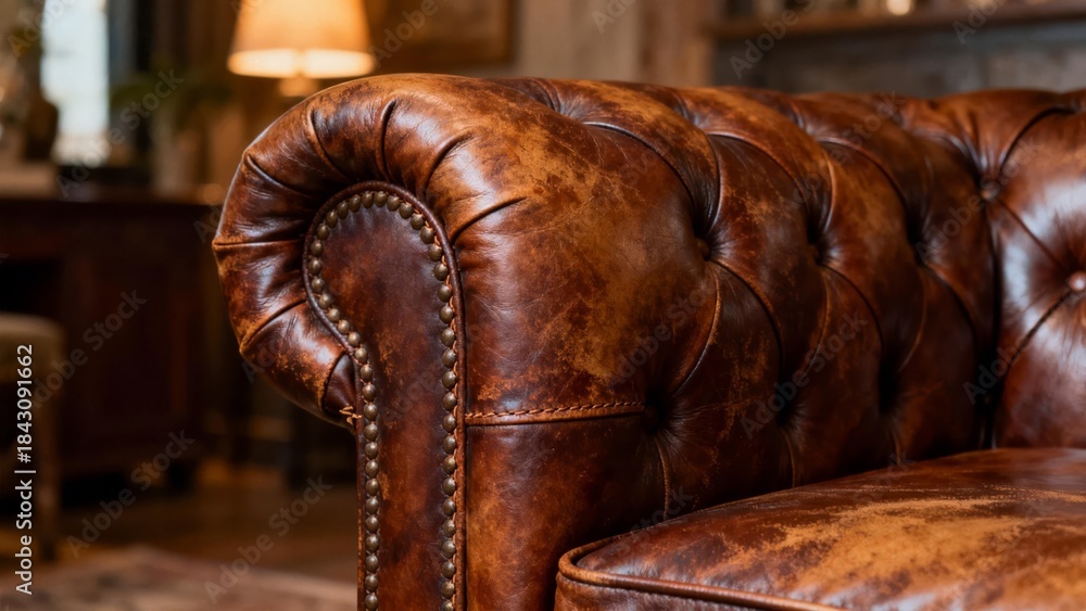 Fototapeta premium Rustic luxurious vintage leather texture with rich brown tones and stitching
