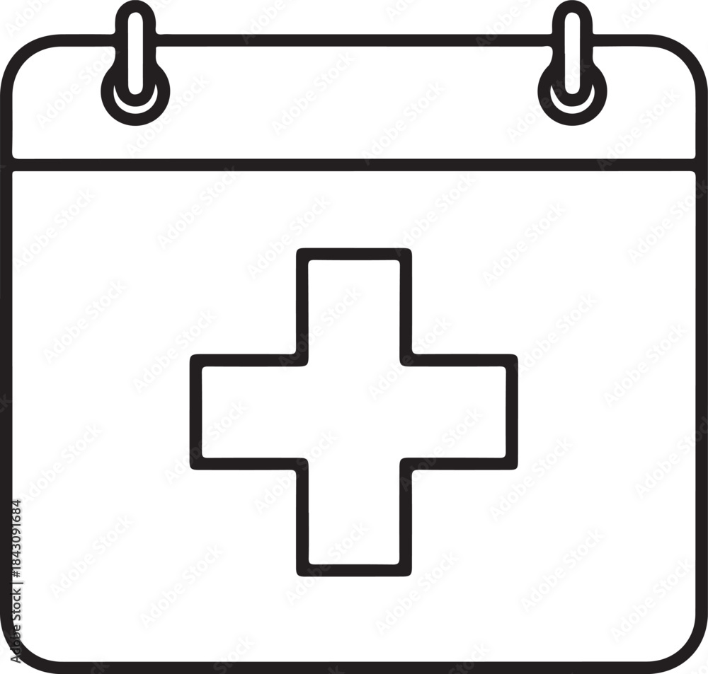 Obraz premium A simple black and white line drawing depicts a calendar page with a prominent medical cross symbol