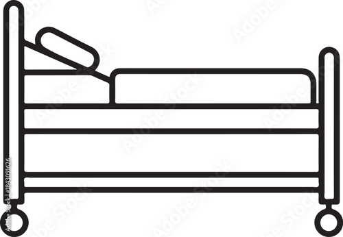 A simple line drawing depicts a hospital bed with a pillow emphasizing medical care and rest