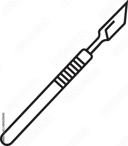 A simple black and white line drawing depicts a scalpel a surgical instrument with a sharp blade