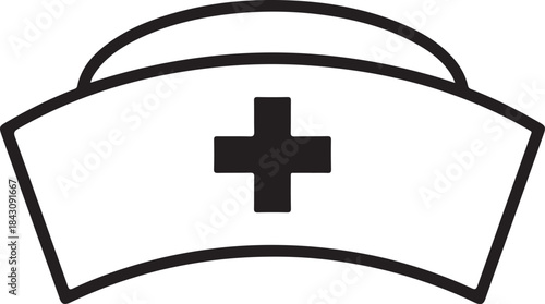 A simple black and white outline illustration of a traditional nurse s cap with a medical cross emblem