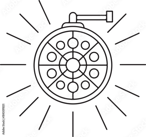 A minimalist line drawing depicts a circular medical light with radiating lines and a handle
