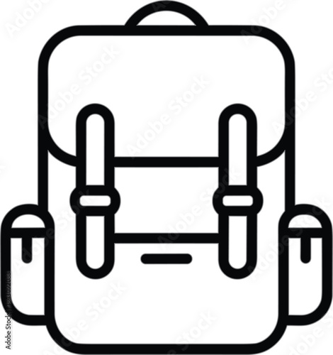 PrBackpack line drawing illustration, rectangular travel bag with straps and pockets, school or hiking accessory, black and white vector graphic