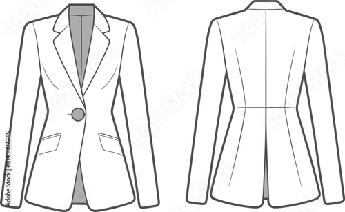 Women’s blazer fashion illustration, front and back technical drawing, tailored jacket design, garment construction, black and white vector graphic